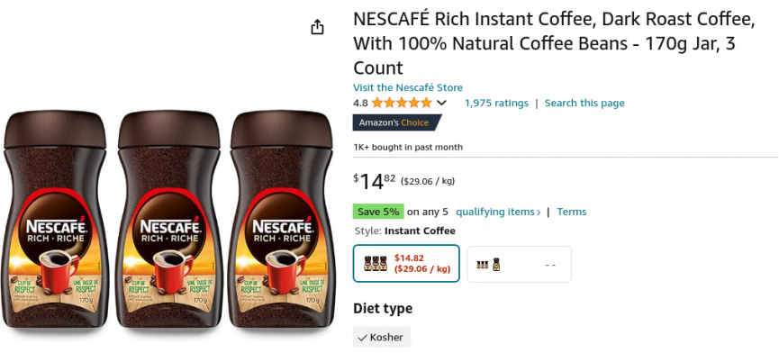 3 X NESCAFÉ Rich Instant Dark Roast Coffee 170g $14.82 @ Amazon